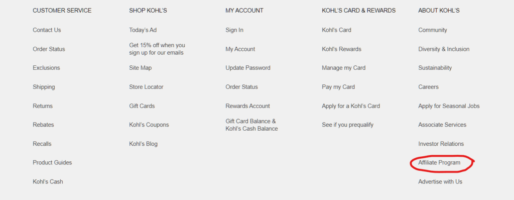 Image of the footer of a merchants web page illustrating the placement of the affiliate marketing program link